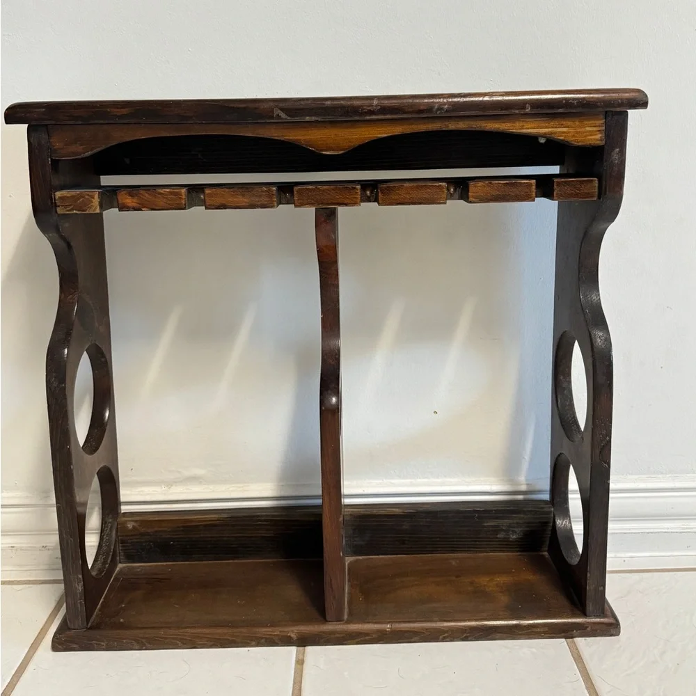 vintage wall-mounted wooden wine and stemware Bottle / 6 Glass Wine Rack / Shelf
